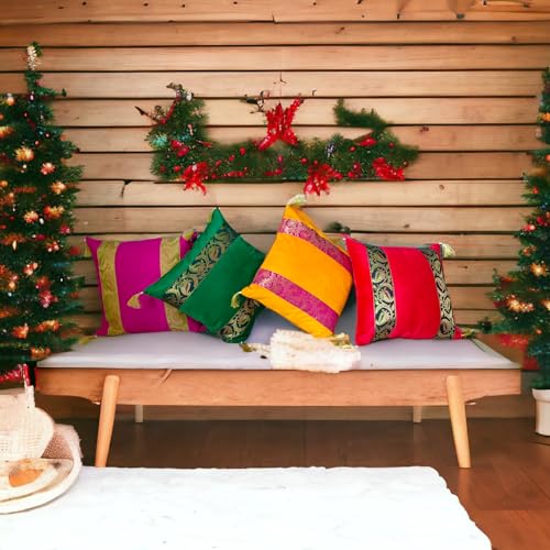 Third Eye Export SILK-CUSH-1 Indian Ethnic Decorations Silk Bohemian Cushion Cover Set Of 4 Decorative Patchwork Throw Pillow thumb #2
