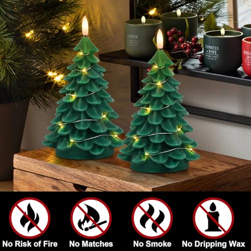 Image of Eldnacele Christmas Tree Flameless Candles String Lights with 11-Key Remote and Timer, Battery Operated 3D Wick Flickering Real Wax LED Pillar Candles Xmas Eve Dinning Holiday Decor(2Pcs,3 inchx7.1 inch)