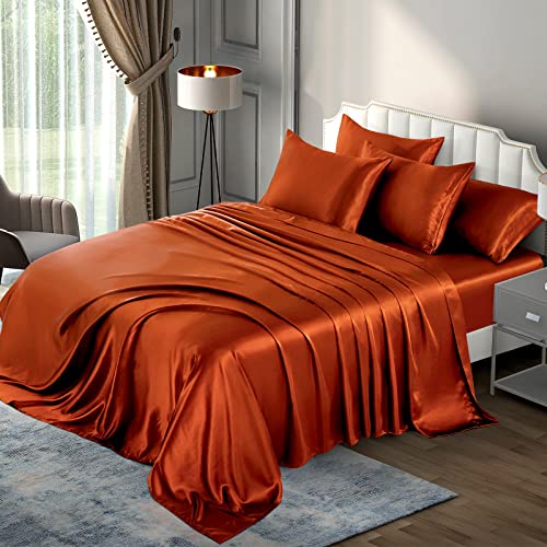 Drap-housse en satin et drap plat parure de lit orange brûlé - 3
