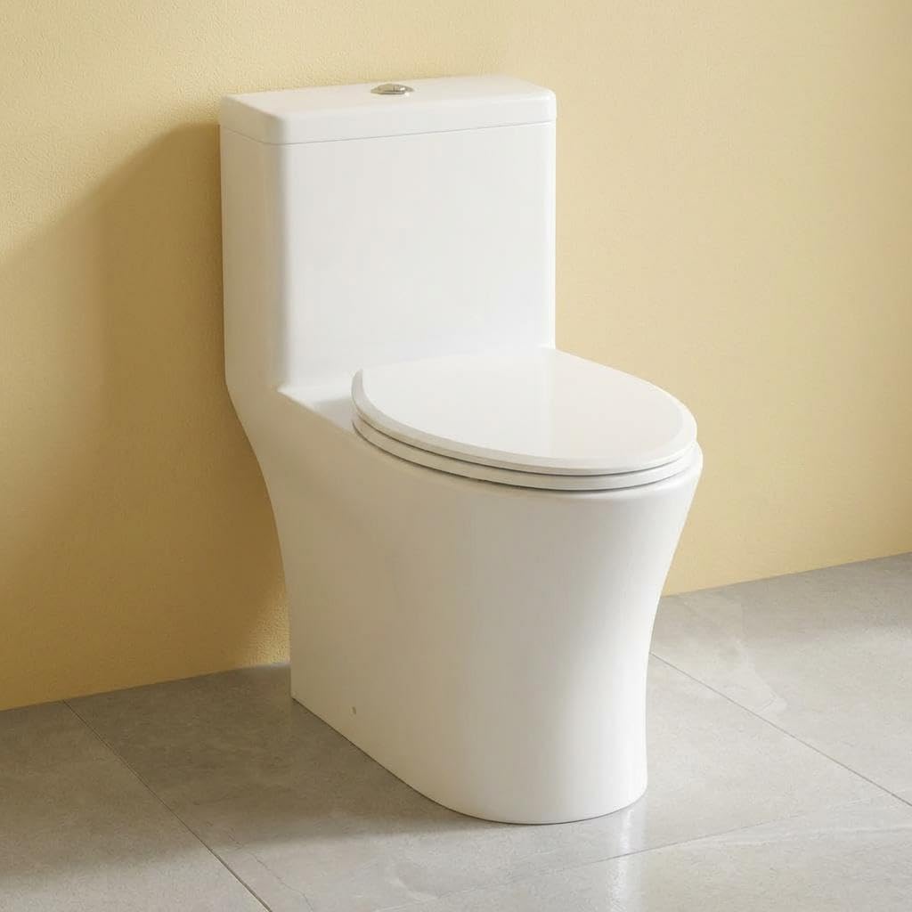 One Piece Toilet with ADA Height, Ceramic Design, Soft Closing PP Toilet Cover, Easy Clean Surface, Water Efficient Flush, Compact Durable Build