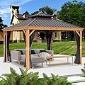 Kozyard Apollo 12’x12’ Hardtop Gazebo, Wooden Coated Aluminum Frame Canopy with Galvanized Steel Double Roof, Outdoor Permanent Metal Pavilion with Netting for Patio, Deck and Lawn (12ft x 12ft)