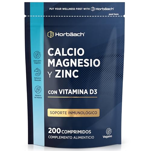 Calcio Magnesio Zinc y Vitamina D3 Vegana | Soporte Inmunológico | Soporte Muscular y de los Huesos | 200 Comprimidos Veganos | Horbaach