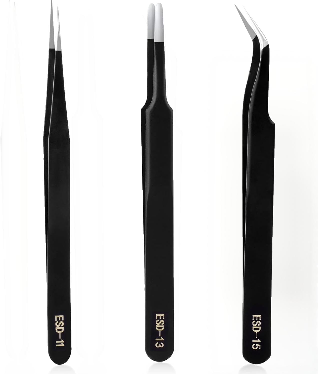 3 Pieces Black Tweezers for Crafting - Precision ESD Tweezer Set, Anti-Static Stainless Steel Modelling Tweezers for Electronic Device Repair