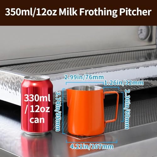 Image of watchget 12oz Milk Frothing Pitcher Stainless Steel Espresso Steaming Jug | Clear Internal Scale, Milk Coffee Cappuccino Latte Art Barista Steam Pitchers,Barista Coffee Bar Accessories, 350ml, Orange