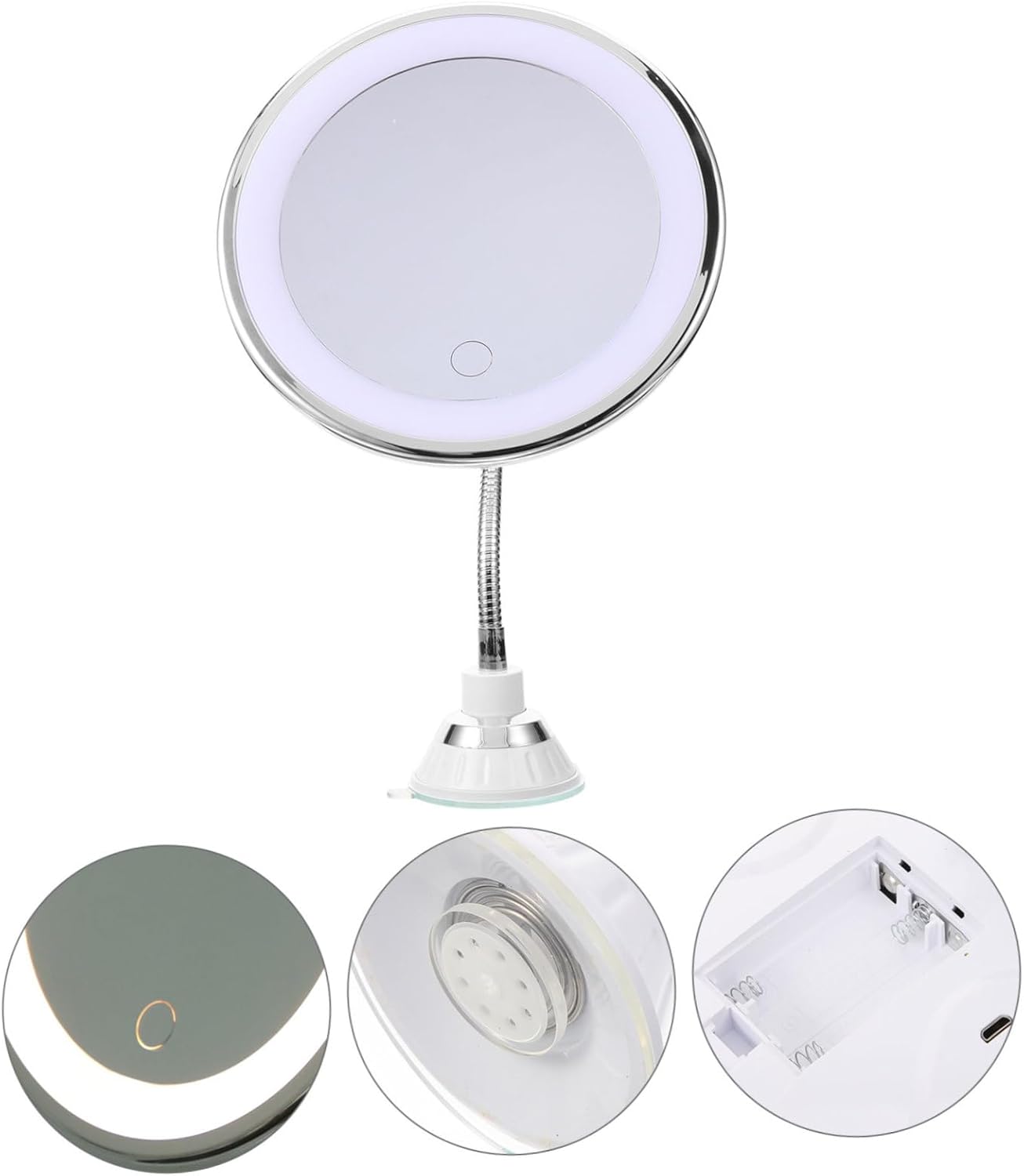 NOLITOY Simple Makeup Mirror with LED Lamp Magnification Touch Screen Cosmetic Mirror with USB Rechargeable Suction Cup Three Color Lighted for Women and Travel