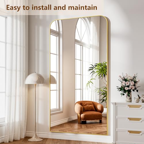 Image of Koonmi Full Length Mirror, 86 inchx40 inch Mirror Full Length with Stand, Gold Domed Top Square-Edged Floor Mirror with Aluminum Alloy Frame for Bedroom Living Room