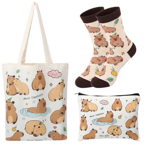 ViEinkaufen Capybara Gifts for Girls Women Tote Bag Makeup Bag and Socks