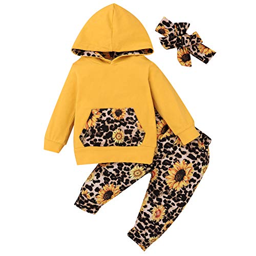 Baby Girls Long Sleeve Flowers Hoodie Sweatshirt Top and Pants Outfit with Kangaroo Pocket Tracksuit Set (12-18 Months, Yellow Leopard Sunflower)