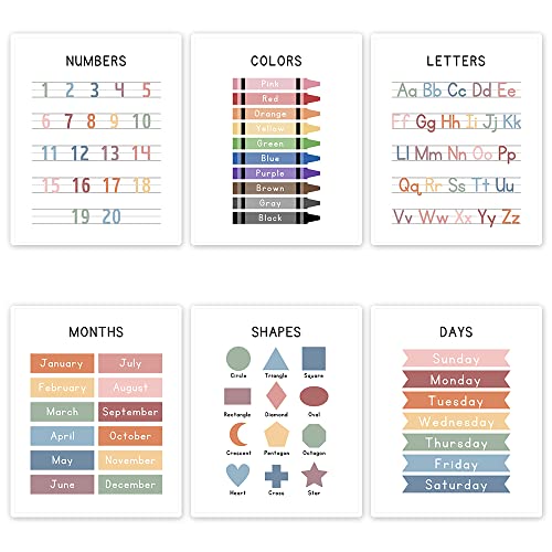 UNXIS Lot de 6 affiches de l'alphabet, tableau des nombres, affiches éducatives pour salle de classe, fournitures préscolaires pour enfants de 3 à 5 ans, décoration murale pour chambre d'enfant.