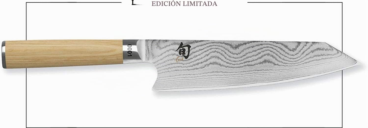 Kai Shun Classic White Kiritsuke DM-0777W - Cuchillo de damasco de edición limitada (5555 unidades) + tabla de cortar roble 30 x 20 cm, cuchillo de chef japonés con damasco de 32 capas, pulido por