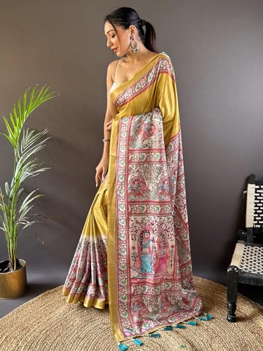 Image of Panzora Women's Tussar Silk Madhubani Printed Saree With Unstitched Blouse Piece