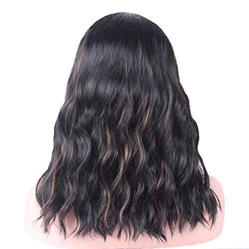 Wavy Hair Black Wig with Bangs for Women Black Mixed Brown Short Synthetic Curly Bob Medium Wigs Natural Looking Heat Resistant Fiber Hair for Daily Life