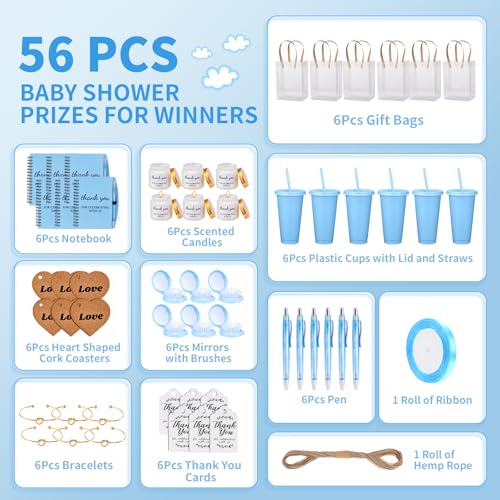 50Pcs Baby Shower Prizes for Game Winners Baby Shower Favors Gifts including Plastic Tumbler Notebook Scented Candles Ballpoint Pen Mirrors with Hair Brushes Bracelet Gift Bag (Blue)