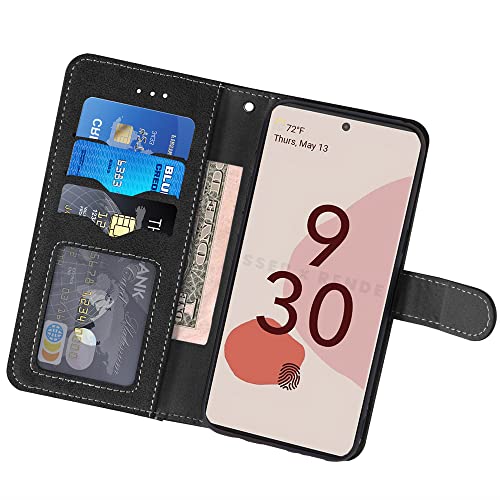 Asuwish Compatible with Google Pixel 6A 5G 2022 Wallet Case and Tempered Glass Screen Protector Lanyard Flip Cover Credit Card Holder Stand Cell Accessories Phone Cases for Pixel6A A6 Women Men Black