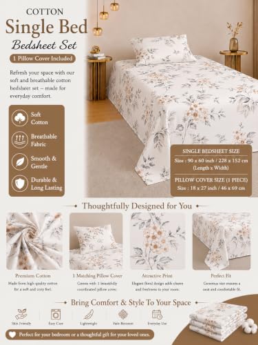 Image of IVAZA 260 TC Soft Ezyption Cotton Floral Single Bed Sheet - Single bedsheet with 1 Pillow Cover Hypoallergenic, Brethable, (Size- 90 x 60 Inch Champagne Peach
