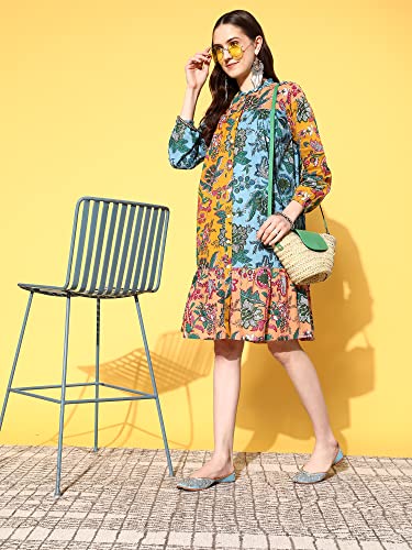 Image of Indo Era Women's Cotton Floral Printed Midi A-Line Ethnic Dress