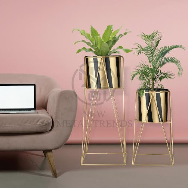 Image of Decent Home Decor Iron Metal Indoor Out Door Bedroom Home Office Planter Pot Tall Stand with Planter for Living Room, Balcony Flower Pot Stand Set of 2 (Black & Gold)