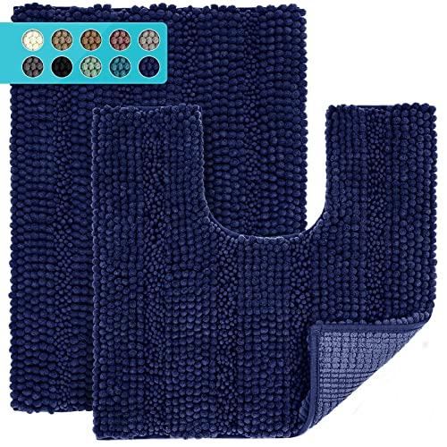 JARITTO Set di 2 Pezzi Tappeto Bagno Antiscivolo Tappeto Cucina Doccia Assorbente Tappetino da Bagno per Toletta in Microfibra Lavabile in Lavatrice (43X61cm + Forma a U 51x51cm) - Blu Scuro