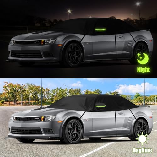 Image of Half Car Cover Compatible with Chevrolet Camaro 2010 2023, Winter Windshield Cover with Side Mirror Cover, Top Roof Protector for Snow Ice Hail Rain Sun Protection