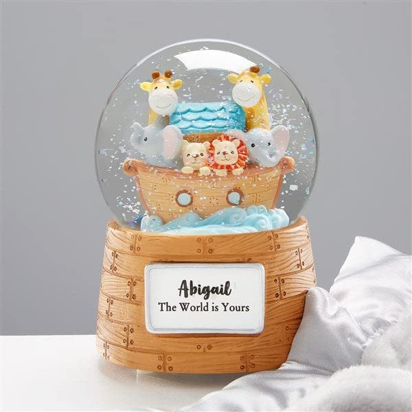 Personalization Universe Personalized Noah's Ark Baby Snow Globe, Custom Name and Text, Indoor Resin and Glass Decor, Perfect for Nursery or Baptism Gift