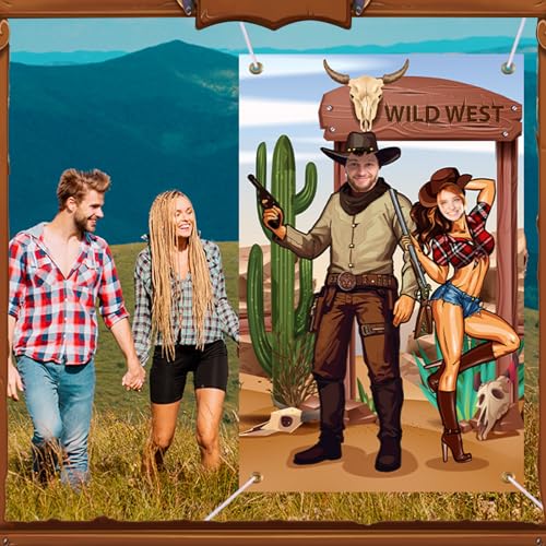 Image of Tudomro 73 x 47 Inch Western Cowboy Backdrop Party Decorations Wild West Large Photo Booth Props Background Door Banner Cowboy Themed Funny Games Supplies for Birthday Party Men