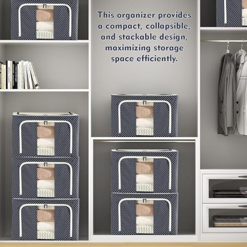 Image of JD FRESH 2 Pcs 66 Liters Foldable Steel Frame Cloth Organizer for Storage /Wardrobe Organizer for Storage /almirah organiser for Sarees /Shirts /Blankets /Clothes Storage Box with Handle - (Blue)