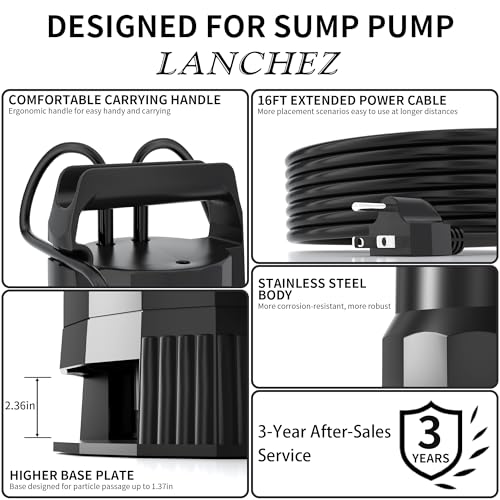 Image of LANCHEZ Sump Pump, 1.6HP High Flow Submersible Water Pump with Float Switch, 6000GPH Automatic Transfer Utility Pump Pump for Swimming Pool Basement Flooded Pit Sewage Sink Tub, Medium