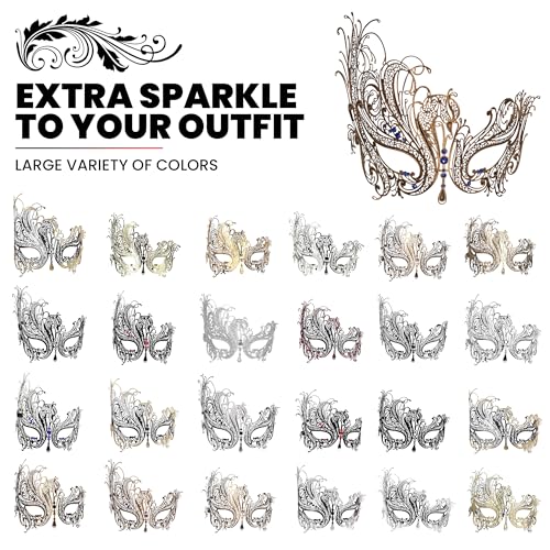 Image of Metal Filigree Masquerade Mask for Women - Swan Style Mask with Rhinestones for Mardi Gras, Prom, Halloween & Venetian Party