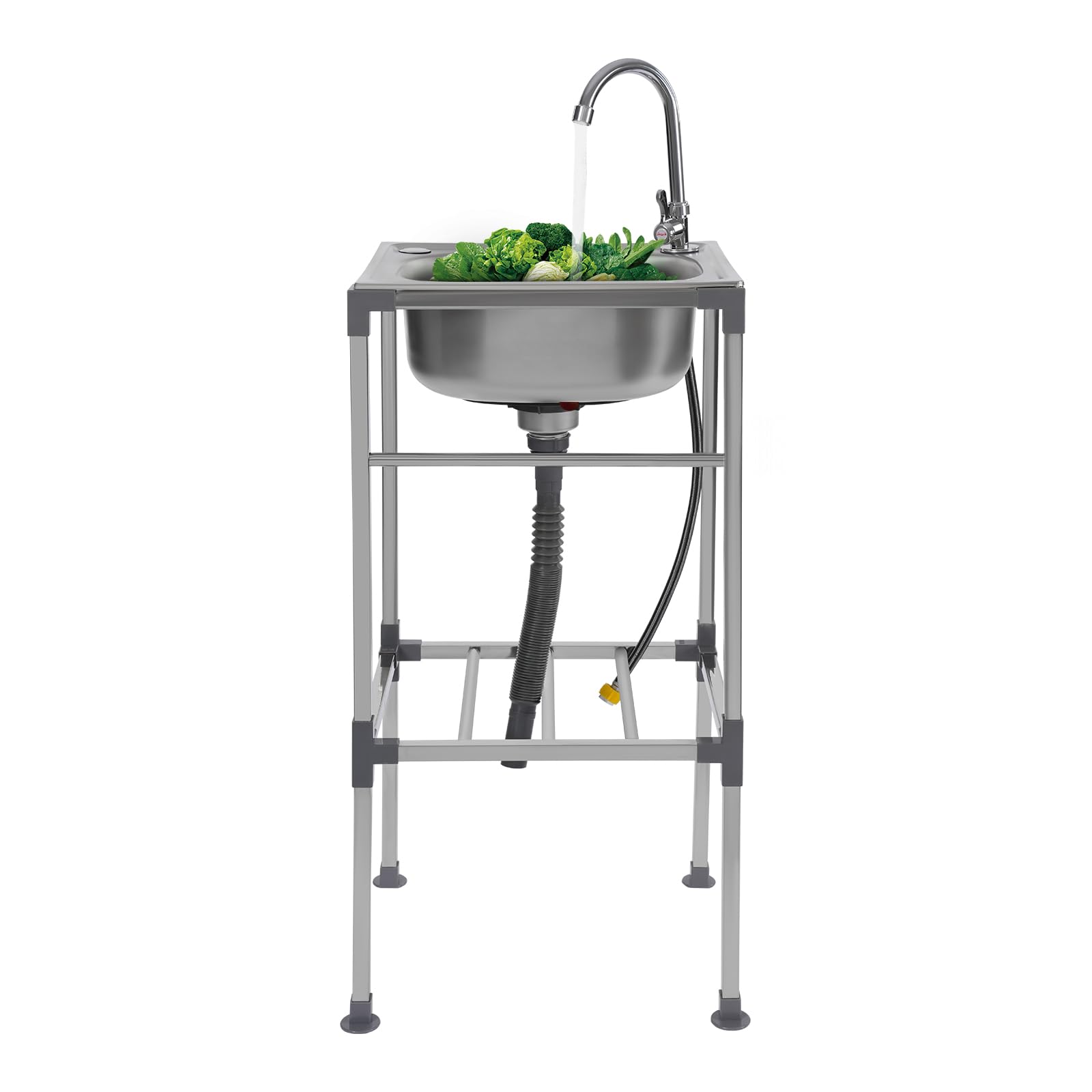 Évier de cuisine sur pied en acier inoxydable 38 x 33 x 83 cm - Avec robinet d'eau froide à 360 ° - Charge maximale : 60 kg - Isolation phonique - Avec tuyau d'écoulement, panier filtrant et