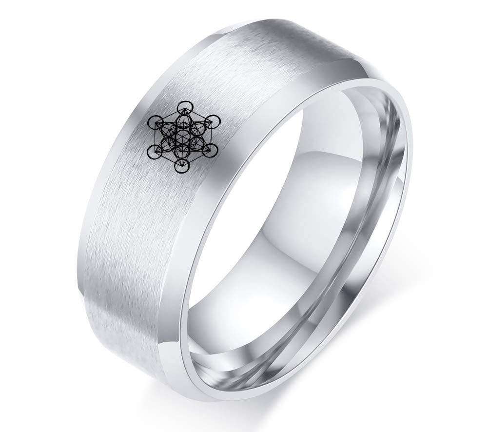 8MM Stainless Steel Metatrons Cube Symbol Wedding Bands Sacred Geometry Spiritual Talisman Ring for Men