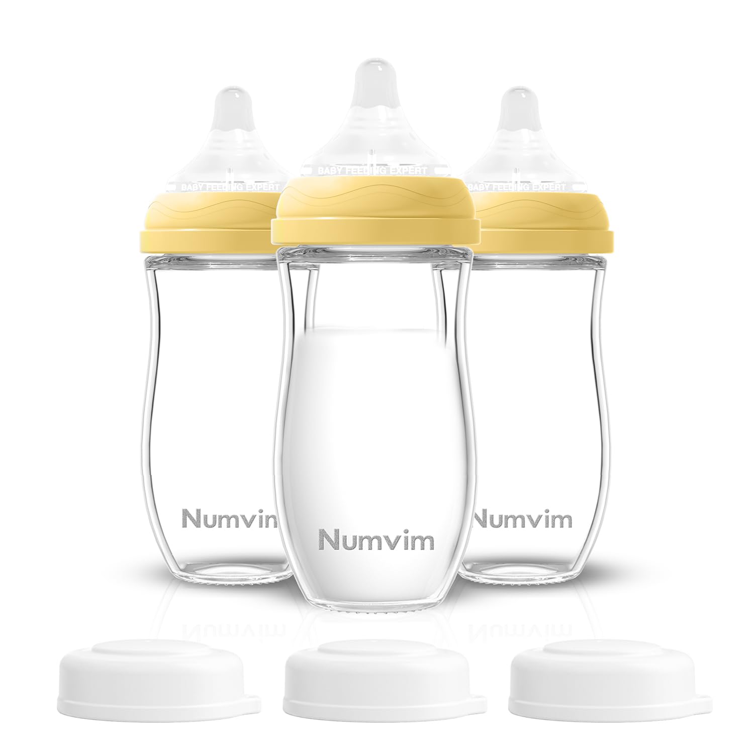 Glass Nurturing Baby Bottles for Breastfeeding Babies, Baby Essentials, Gentle Medium Flow, Wide Neck Bottle with Anti Colic Nipple for 3 Months Babies, 3 Packs (Yellow, 8oz)