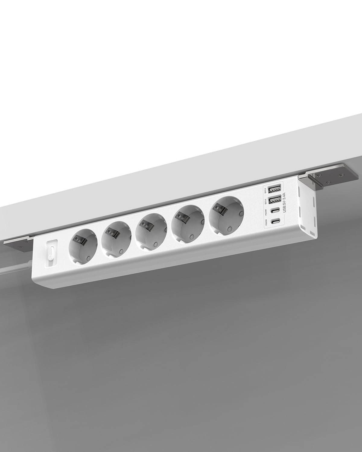Regleta para Montaje bajo Mesa con protección contra sobretensiones, Enchufe múltiple conmutable Individualmente, 5 enchufes con 2 USB A y 2 Type-C (PD 20 W), Cable de 2 m (Blanco)