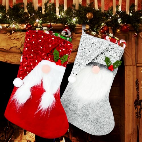 NOCHME Calcetines Navidad Chimenea Grandes 2 Lentejuelas Brillantes Medias De Navideñas De Papá Noel Ara Árbol De Navidad Decoración De Christmas Rojo Y Gris