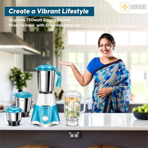 Image of HAVOK 750W Mixer Grinder 4 Stainless Steel Jars | Heavy Duty Kitchen Mixie | 20000 RPM Copper Motor | 3 Speed Control with Pulse | Masala, Chutney & Dry Grinding | Blue & White | 1 Year Warranty