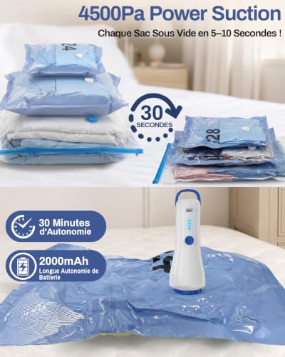 Sac sous Vide Vetement Aspirateur avec Pompe Électrique, 12 Sac de Rangement sous Vide (4 * 100x80cm, 4 * 74x54cm, 4 * 64x47cm), Sac sous Vide Voyage, Déménagement, Rangement – Image 4