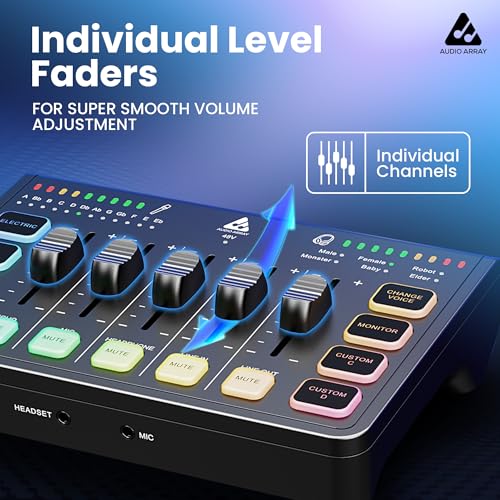Image of Audio Array AI-06 Streaming Audio Mixer Sound Card | XLR, 1 /4 inch & line in | PC /Phone RGB Mixer with Volume Fader, Individual Control, Mute and Monitoring, 48V Phantom Power | Stream, Podcast & Karaoke