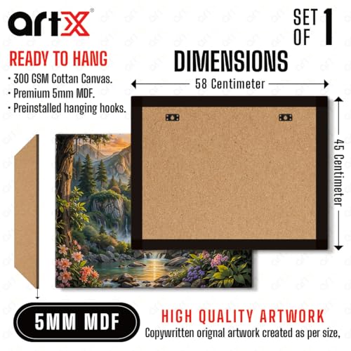 Image of ArtX Canvas Step Waterfall Painting Vastu, Big Size Scenery, Water Stream, Mountain Painting Vastu Water Fall, Rising Sun Wall Decor, Multicolor, Nature, 58.0 X 45.0 cm, Set of 1