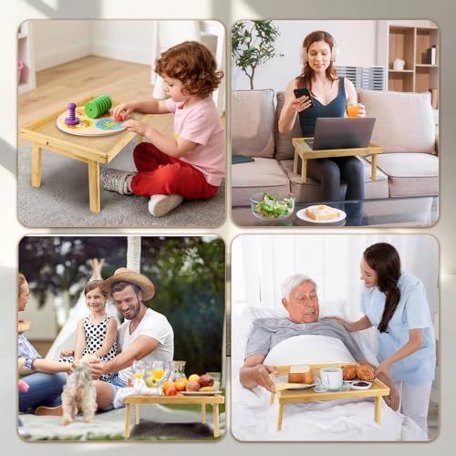 Image of Large Bed Table Tray with Support Bar and Foldable Legs, Bamboo Breakfast Food Trays Table for Bed Sofa Eating and Laptops, TV Lap Tray Table on Couch (Applied for Invention Patent)