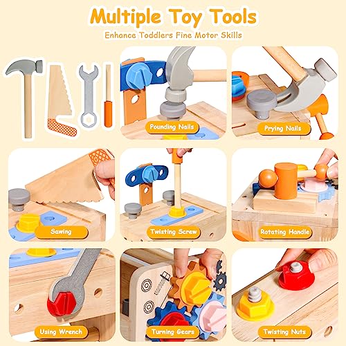 Tonze Kids Tool Set With Apron, Wooden Toddler Tool Bench Montessori Toys For 2 3 4 Year Old 39 Pcs Educational Stem Construction Toys For Ages 2-4 Pretend Play Toddler Tool Birthday Gift For Boy Girl thumb #3