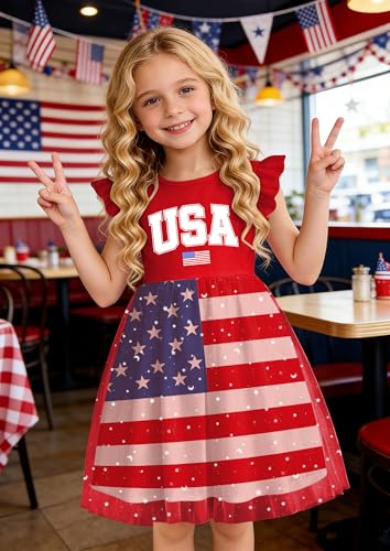Image of Girls 4th of July Dress American Patriotic Outfit USA Independence Day Clothes Flutter Sleeve Tulle Tutu Dress 5-14y