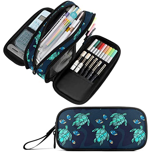 Image of Fustylead Turtles and Lotuses Large Pencil Case, Minimalist Portable Stationery Bag Cosmetics Bag with Handle for Middle High College School Office Travel