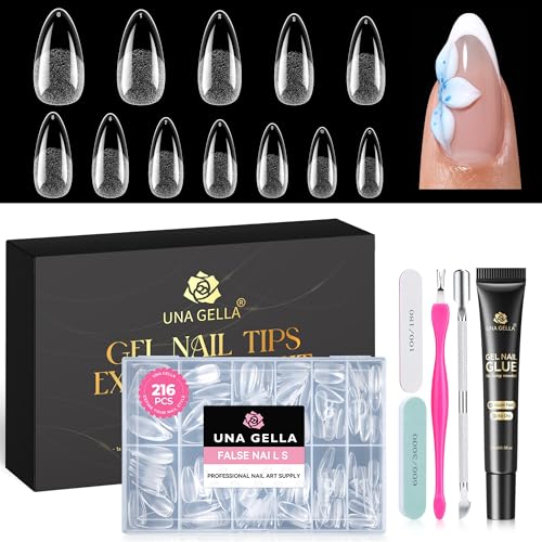 UNA GELLA Medium Almond Gel Nail Tips and Glue Kit 216Pcs Pre-buffed Soft Gel Fake Nails with Air Dry Adhesive Uv Lamp Free Complete Manicure Prep Kit for Beginners Extensions Press On Nails