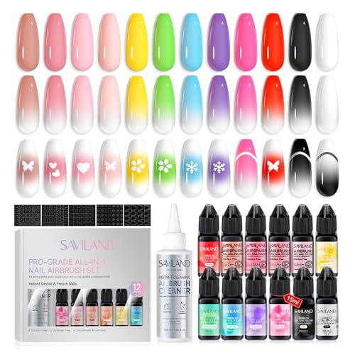 SAVILAND Advanced All-in-1 Airbrush Gel Nagellack Set: Verdünnungsfreie Airbrush Gel Nail Polish,12 Farben Airbrushgel Nagellack mit Airbrush Reiniger Schablonen French Ombre Blush Nail Art