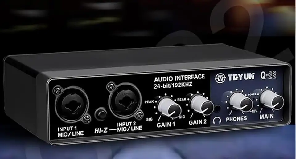 Placa de Som Profissional TEYUN Q22 com USB 2.0, 24bits/192kHz e Fonte Fantasma 48V - Ideal para Gravação Musical, Podcasts, Transmissões ao Vivo e KTV