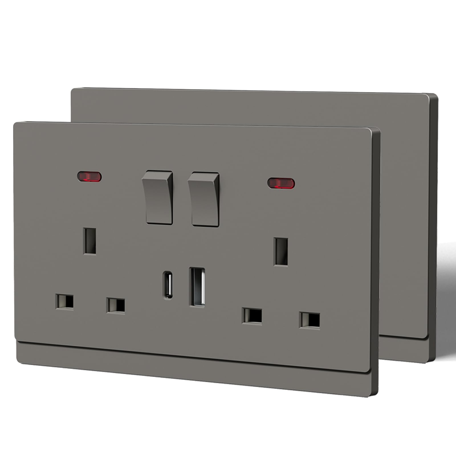 BSEED Double Socket with USB C,Tactile Finish Switched Wall Sockets,13A Electric Power Outlet,Individual Control & LED Indicator,Designer Wall Plate,Double-2 Pack,146mm Grey