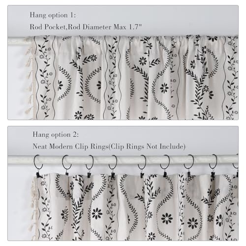 Image of Schweek Boho Tassels Curtains for Living Room 84 Inches Long 2 Panels Ivory | Linen Semi Sheer, Vintage Floral Printed Patterned, Rustic Farmhouse Curtain Drapes for Bedroom, Dining Room, Office 52 inchx 84 inch