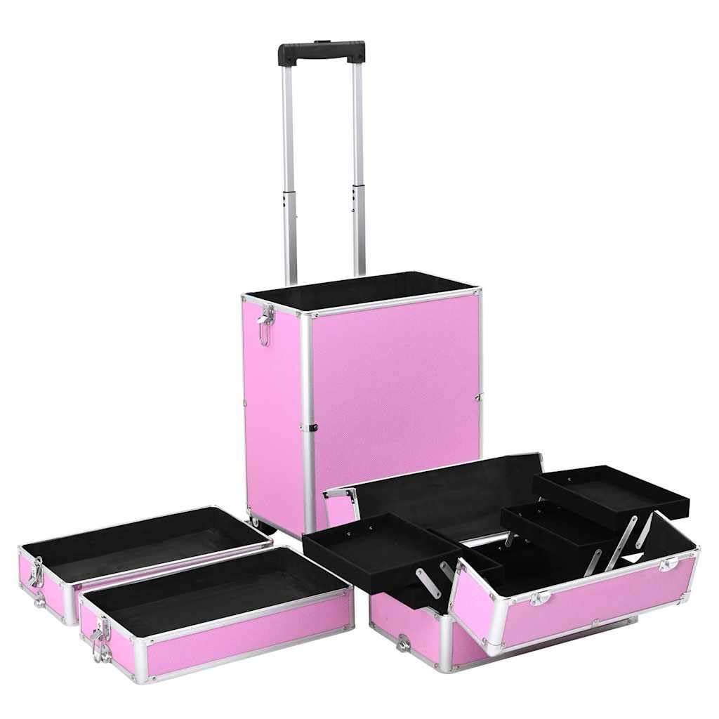 Kosmetikkoffer mit Rollen Rosa, Schminkkoffer Beauty Case mit 4 Etagen, Verstellbarer Trolley für Make-up, Friseur und Kosmetik