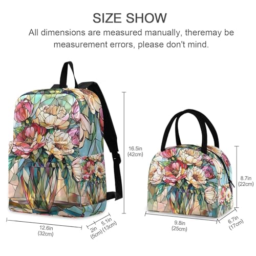 Backpack Lunch Bag Set Stained Glass Flower Print, Big Storage Travel Backpacks with Insulated Lunch Box for Office Hiking Picnic2