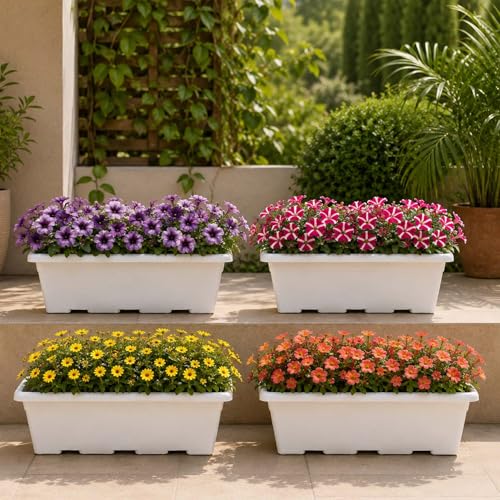 Image of Go Hooked Jupiter Window Planter Pot Pack of 4 | 17 Inch White Plastic Rectangular Flower Planter for Indoor Outdoor Plants Balcony Garden Home Decor | Decorative Plant Container L43 x W22 x H18 Cm