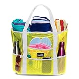 Dejaroo Mesh Beach Bag - Toy Tote Bag - Large Lightweight Market, Grocery & Picnic Tote with Oversized Pockets (Yellow with Grey Handles)